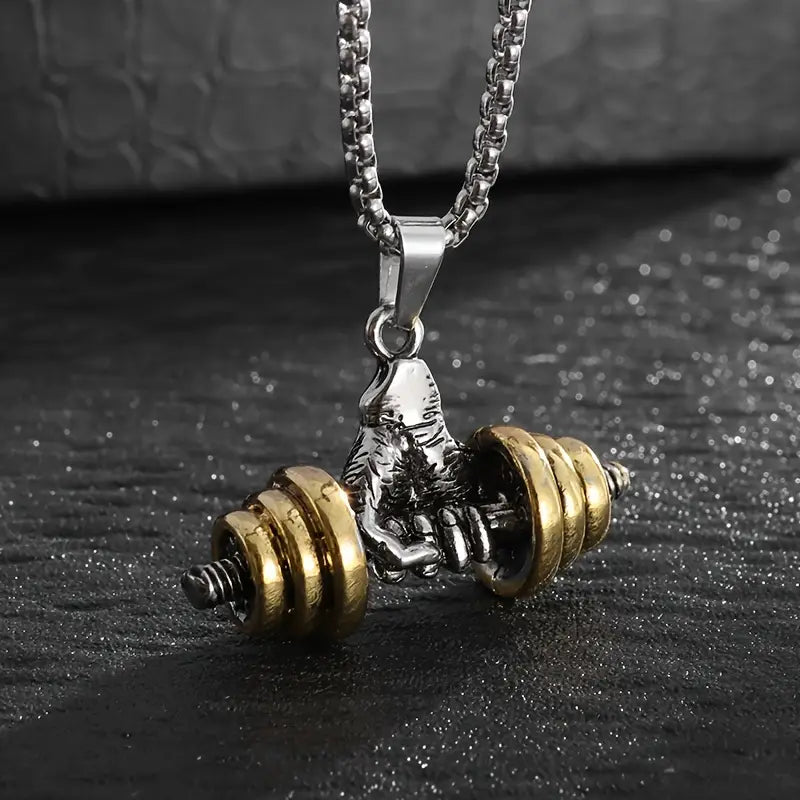 New Dumbbell with Golden Weight Plates Pendant Necklace For Men