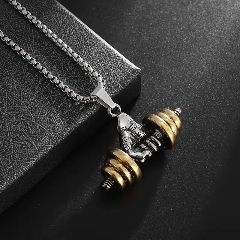 New Dumbbell with Golden Weight Plates Pendant Necklace For Men