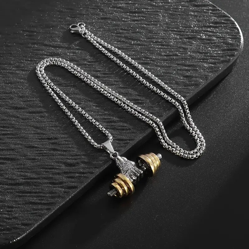 New Dumbbell with Golden Weight Plates Pendant Necklace For Men