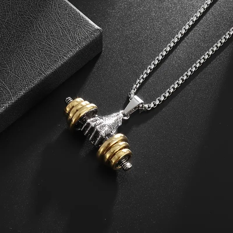 New Dumbbell with Golden Weight Plates Pendant Necklace For Men