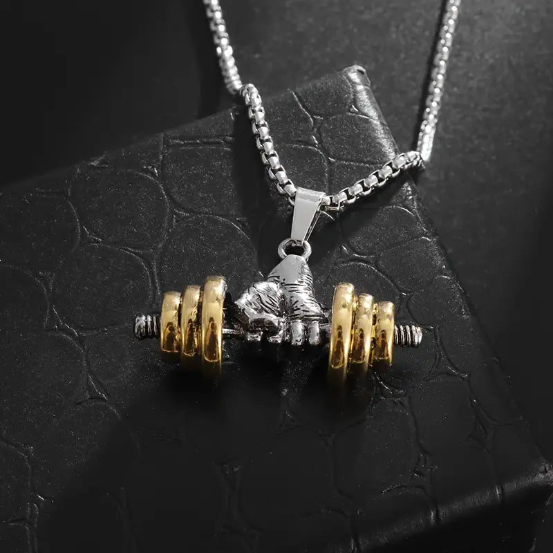 New Dumbbell with Golden Weight Plates Pendant Necklace For Men